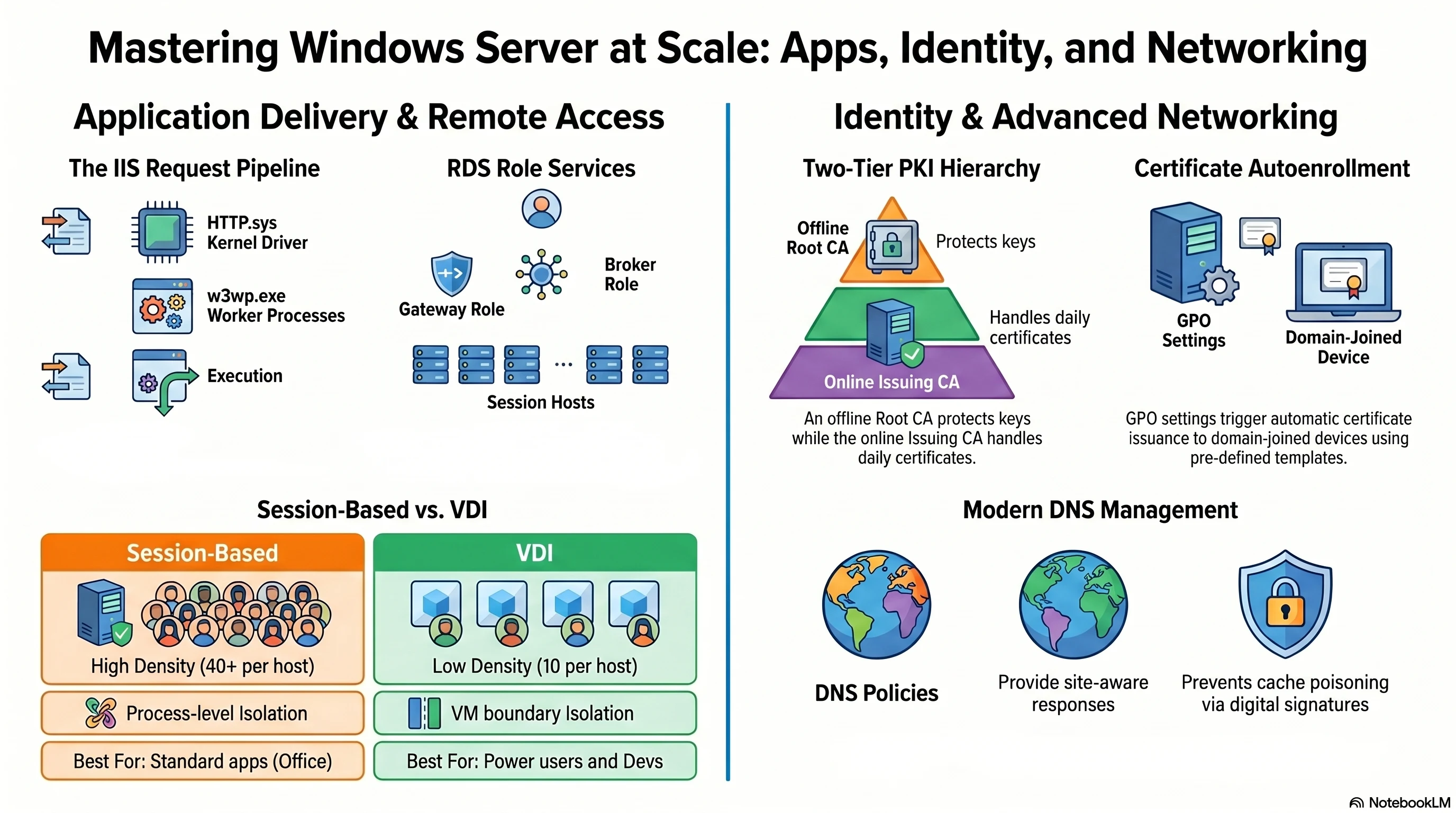 Week 3 summary: IIS request pipeline, RDS role services, Session-Based vs VDI, two-tier PKI, certificate autoenrollment, and modern DNS management