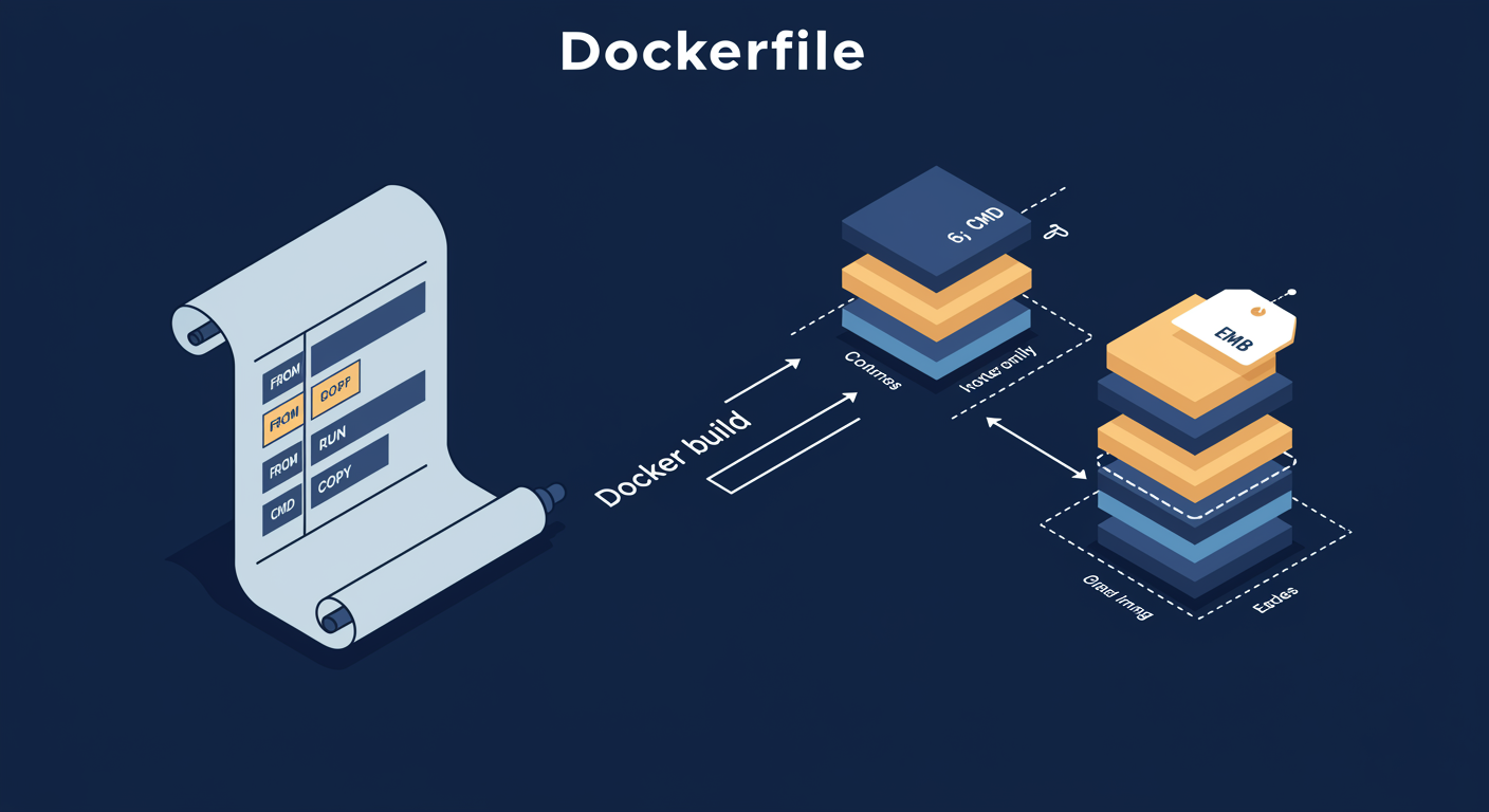 Dockerfile: recipe scroll with FROM RUN COPY CMD lines, build arrow flowing to layered image stack with tag, illustrated TLDR