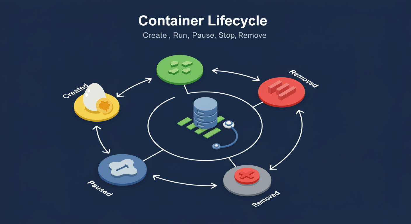 Container Lifecycle: circular state flow Created / Running / Paused / Stopped / Removed with healthcheck badge, illustrated TLDR