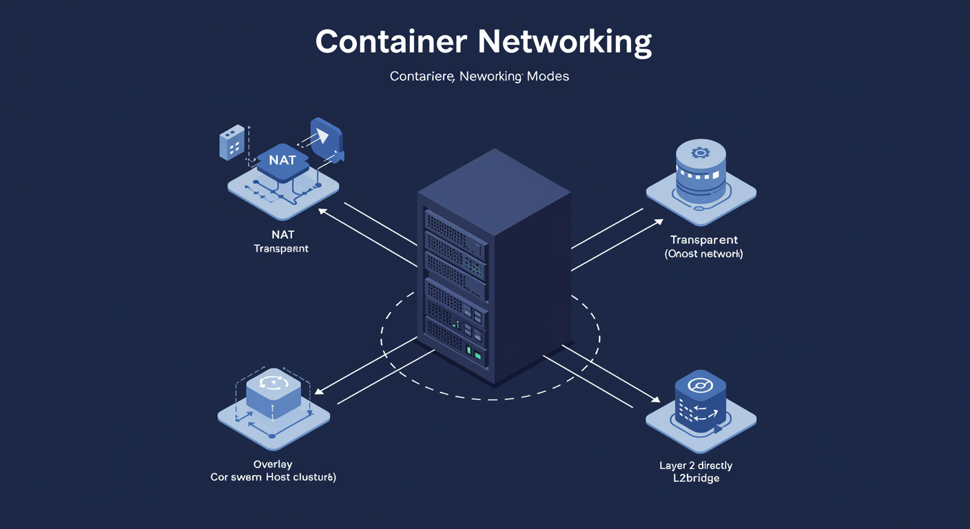 Container Networking: host server with four mode badges NAT, Transparent, Overlay, L2bridge, port mapping arrows, illustrated TLDR