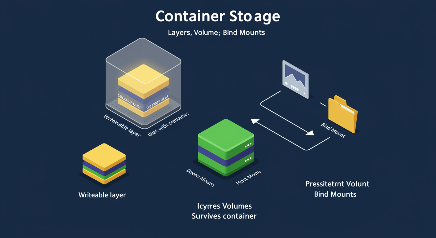Container Storage: ephemeral writeable layer on top, persistent volume disk on side, bind mount to host folder, image layers underneath, illustrated TLDR