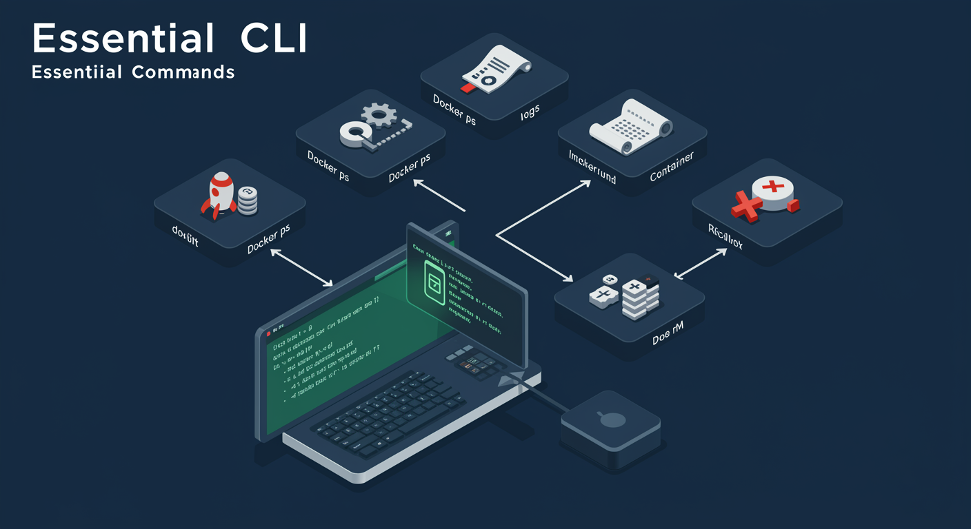 Docker CLI essentials: six command tiles docker run / ps / exec / logs / images / rm flowing into a running container, illustrated TLDR