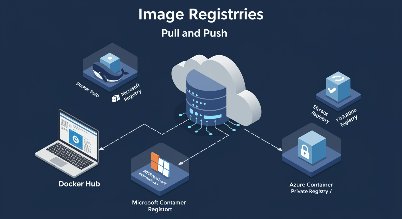Image Registries: Docker Hub, MCR, ACR with pull and push arrows from developer terminal, illustrated TLDR