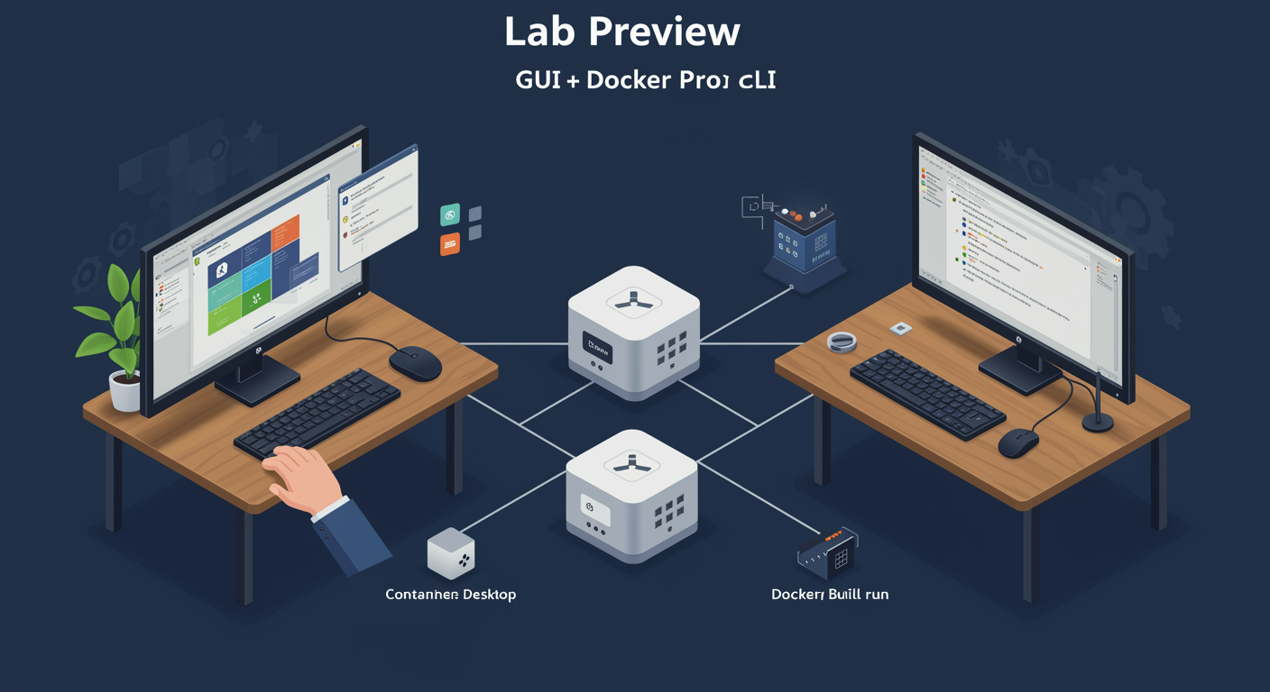 Containers Lab Preview: Docker Desktop GUI on left, PowerShell terminal with docker commands on right, both connected to a shared container host, illustrated TLDR