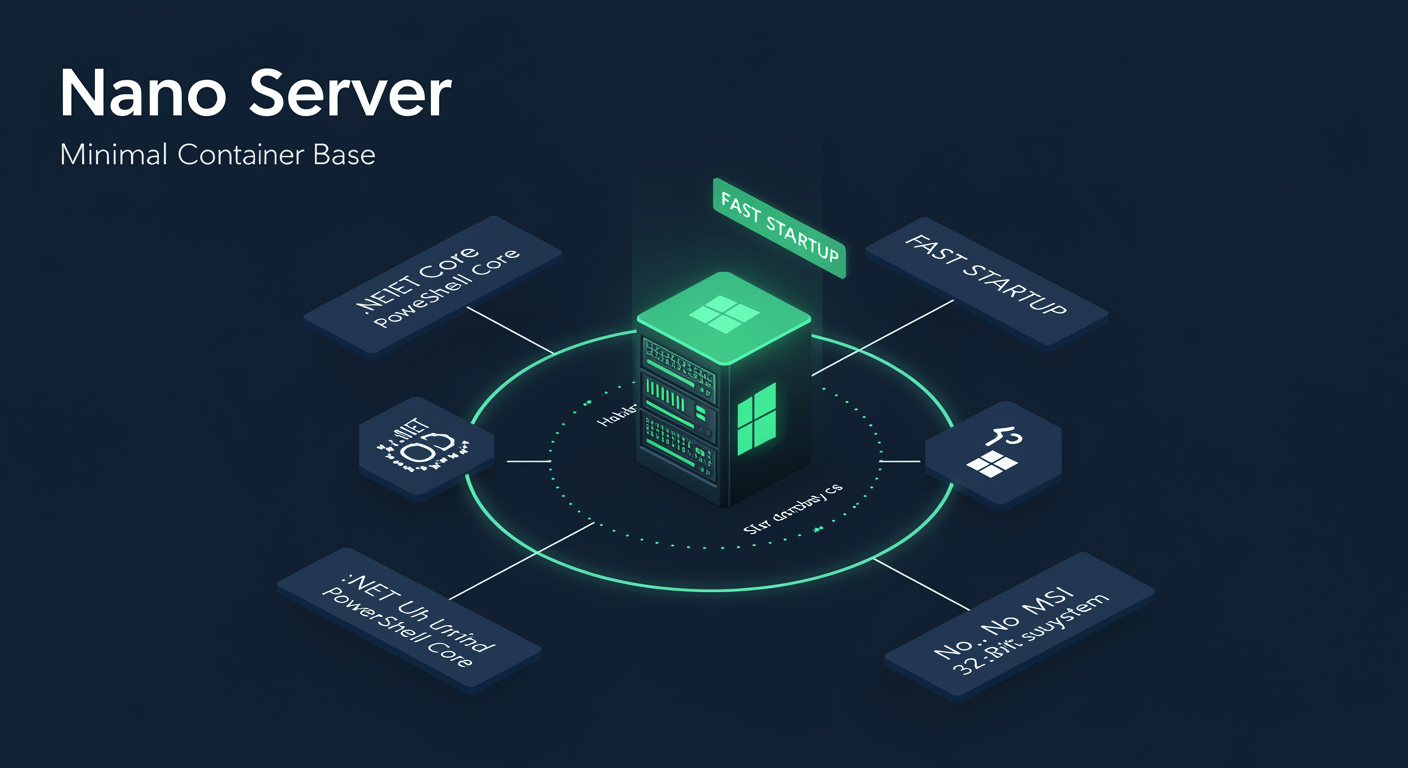 Nano Server: tiny minimalist server with .NET Core / PowerShell Core included, no GUI / no MSI / no WMI excluded, fast startup badge, illustrated TLDR