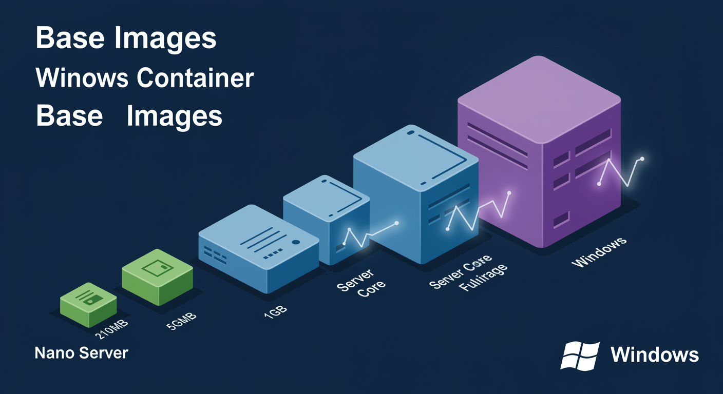 Base Images: staircase from Nano Server tiny to Server Core medium to full Windows large, illustrated TLDR