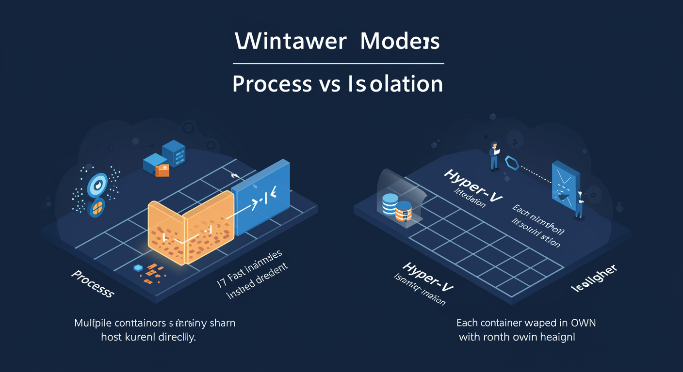 Windows Container Isolation: Process mode containers share host kernel directly on left, Hyper-V mode wraps each in its own utility VM on right, illustrated TLDR