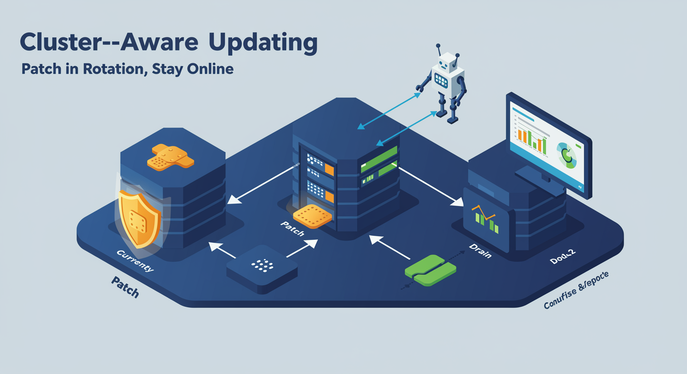 Cluster-Aware Updating: three-node cluster patching in rotation, one node patching, one draining, one active, illustrated TLDR