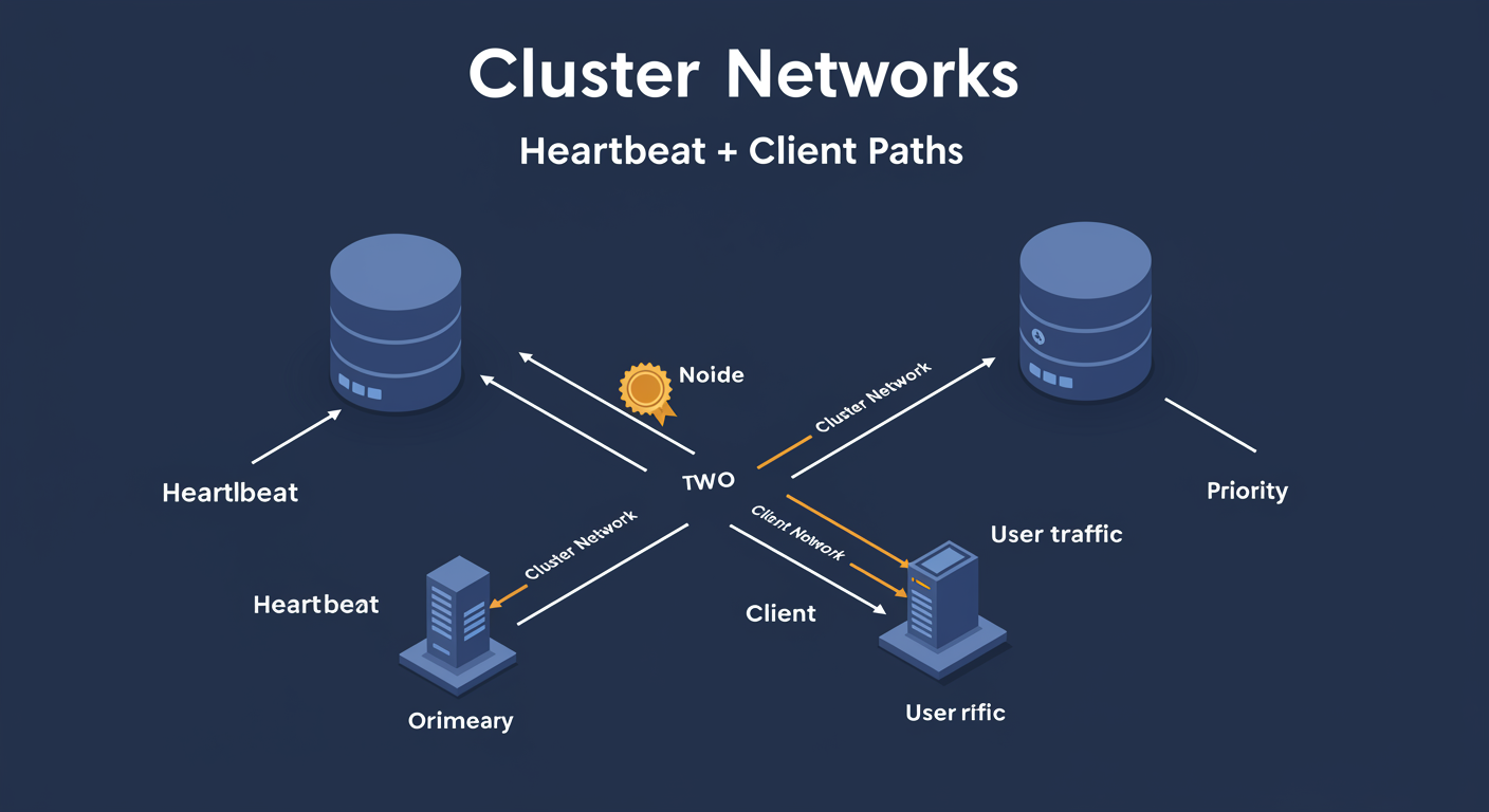 Cluster Networks: two-node cluster with dedicated heartbeat path and separate client path, network priority badge, illustrated TLDR