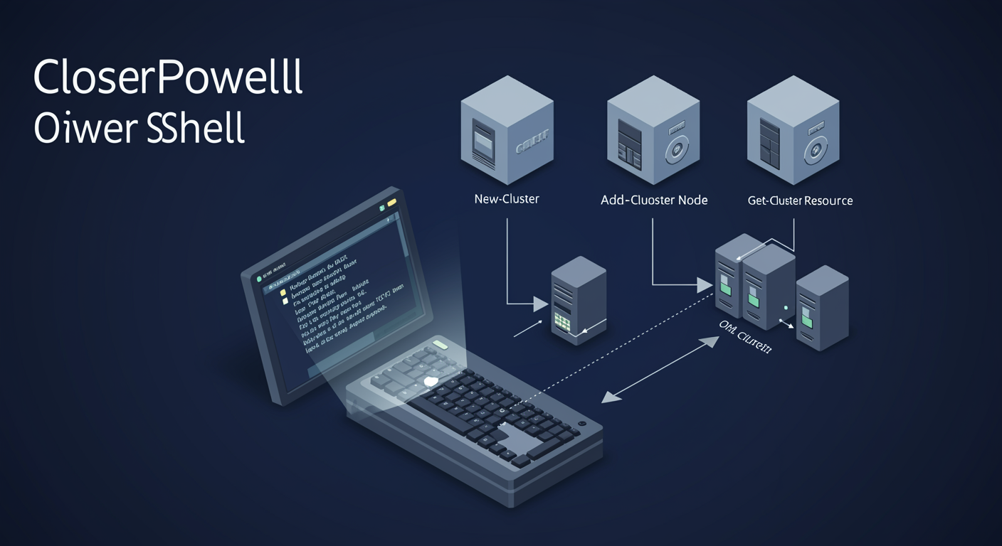 Cluster PowerShell: terminal driving New-Cluster, Add-ClusterNode, Get-ClusterResource into a three-node cluster, illustrated TLDR