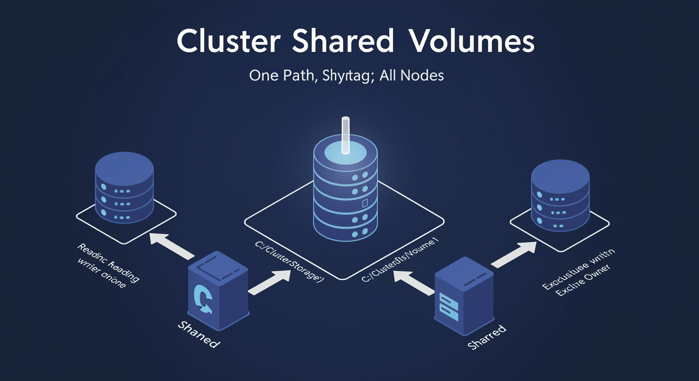 Cluster Shared Volumes: three nodes simultaneously reading and writing to one shared volume at C:\ClusterStorage\Volume1, illustrated TLDR