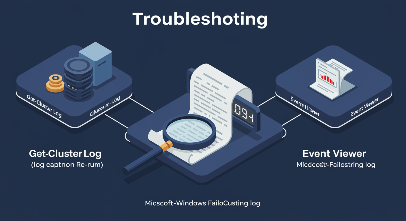 Cluster Troubleshooting: magnifying glass over cluster log, three tool tiles for Get-ClusterLog, Cluster Validation, Event Viewer, illustrated TLDR