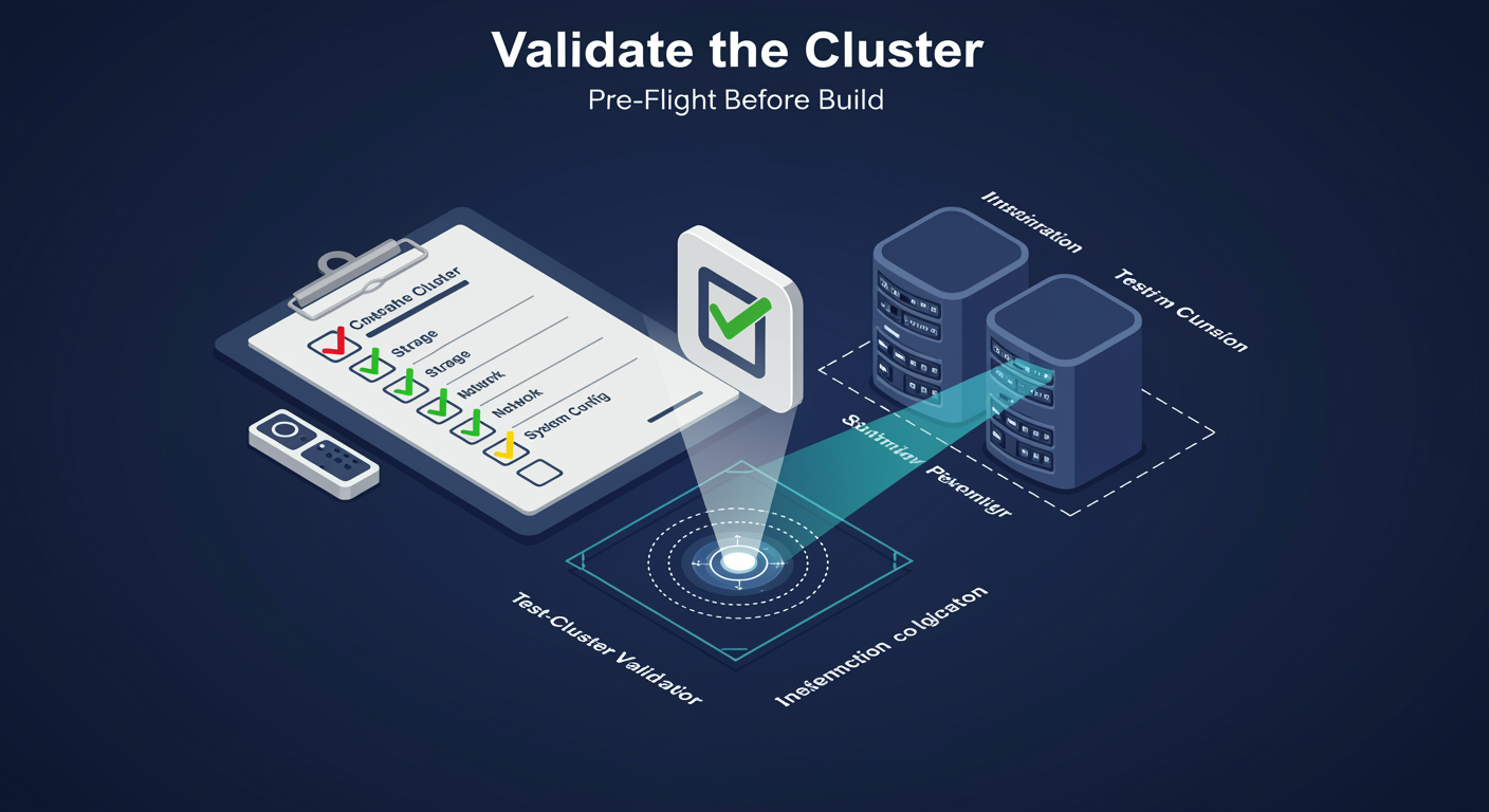 Cluster Validation: clipboard checklist over two-node candidate cluster, green checks for Storage, Network, Inventory, illustrated TLDR