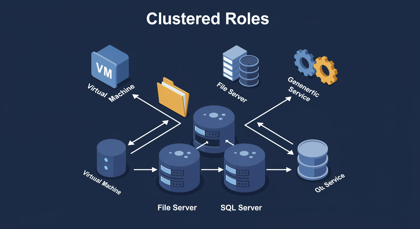 Common Clustered Roles: cluster with badges for VM, File Server, SQL, Generic Service hovering above, illustrated TLDR
