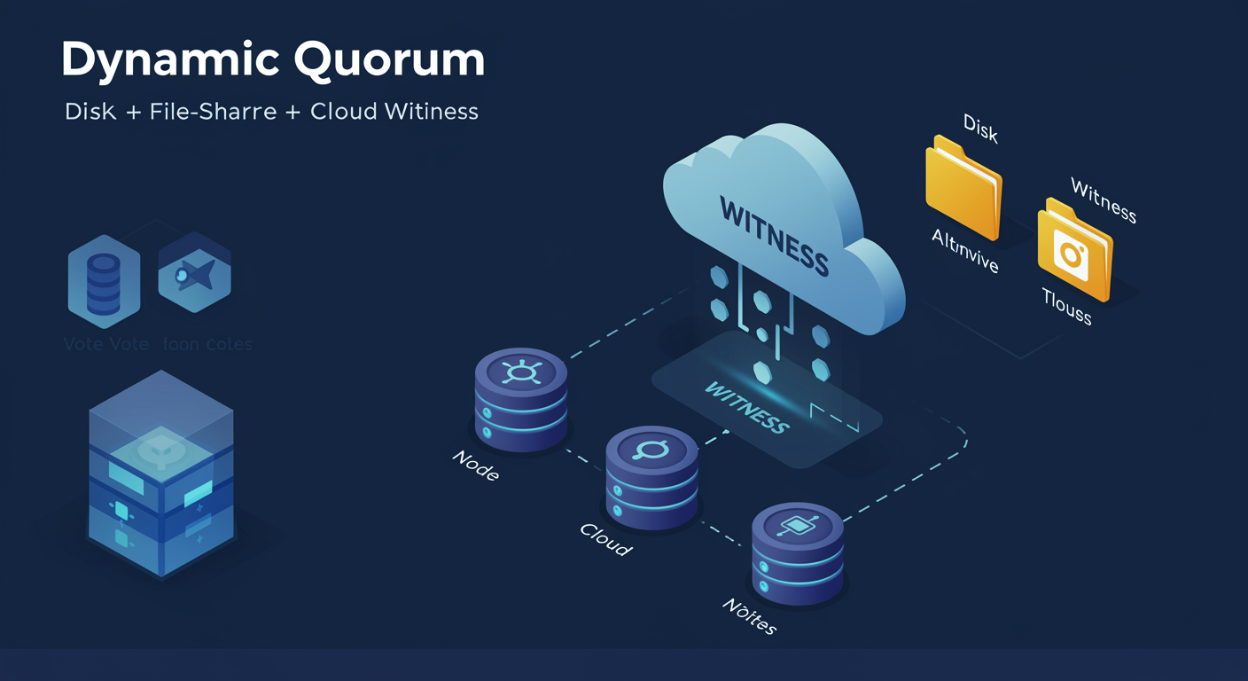 Dynamic Quorum with three witness types: cloud witness in Azure, disk witness on shared storage, file-share witness on third server, illustrated TLDR