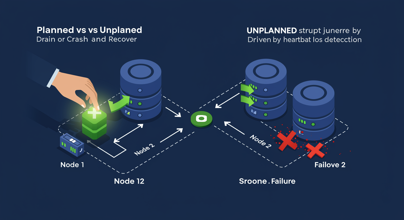 Failover Scenarios: planned move drag from one node to another at top, unplanned node failure with role jump at bottom, illustrated TLDR