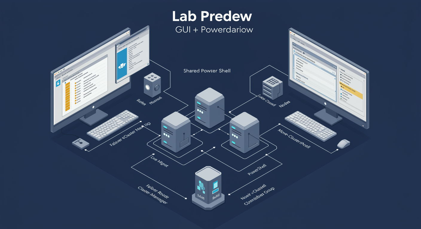 Cluster Lab Preview: Failover Cluster Manager on left, PowerShell terminal on right, both managing a two-node cluster, illustrated TLDR