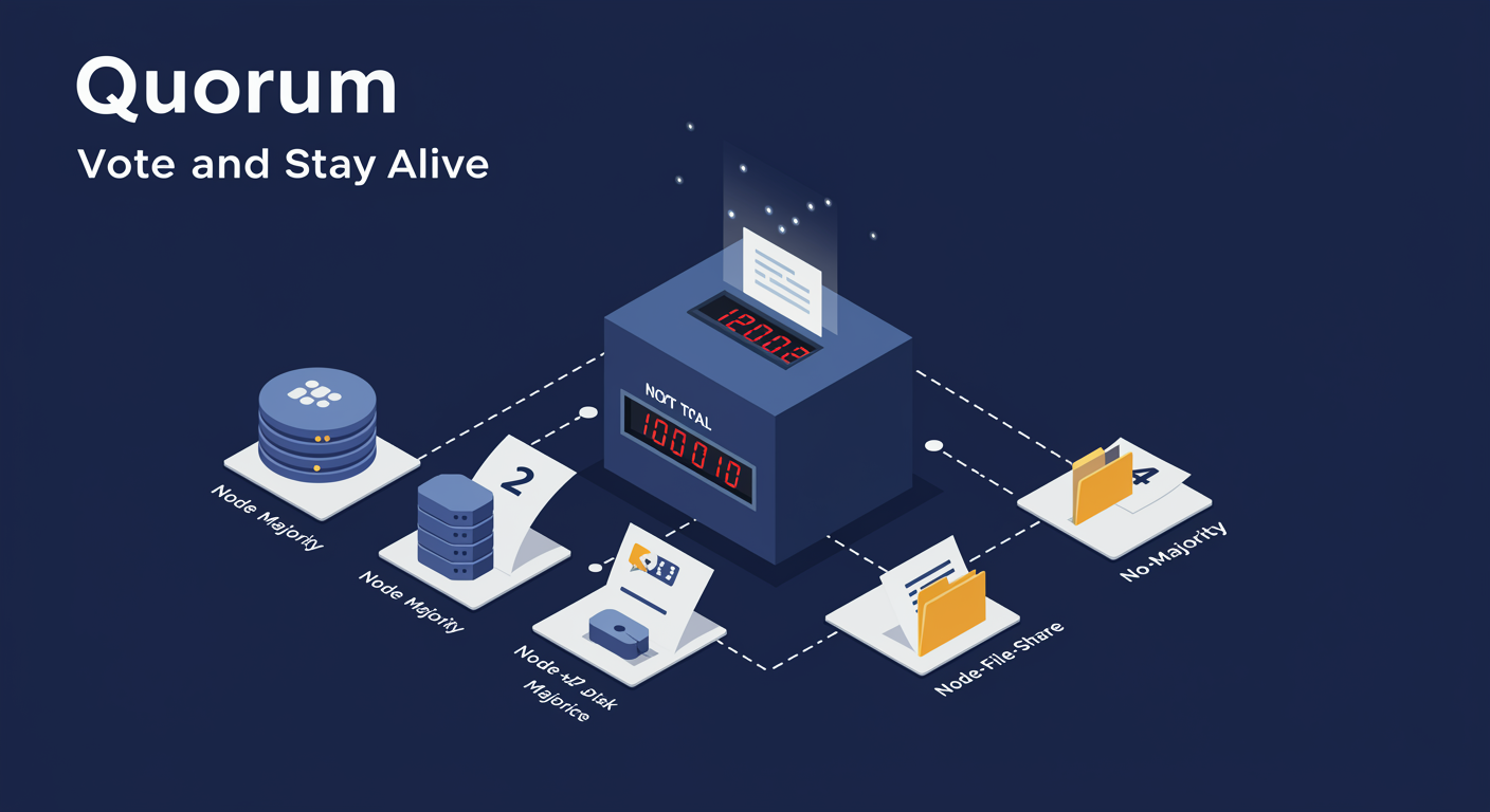 Quorum vote-counting modes: ballot box with four ballot types representing Node Majority, Node+Disk, Node+File-Share, No Majority, tally counter overhead, illustrated TLDR