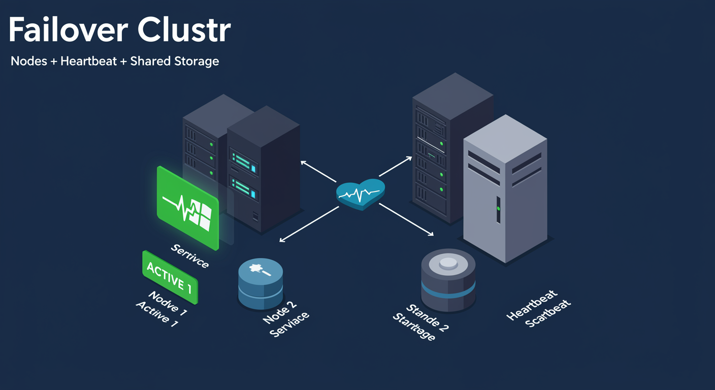 Failover Cluster: two nodes connected by heartbeat with shared storage beneath, active node hosts service, standby ready to take over, illustrated TLDR