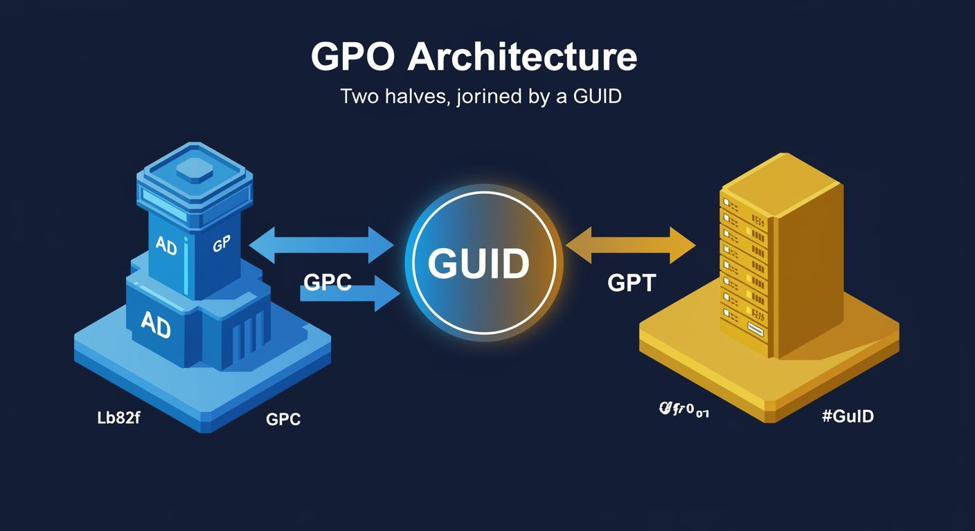 GPO Architecture: GPC (Group Policy Container) lives in Active Directory holding metadata; GPT (Group Policy Template) lives in SYSVOL holding the actual settings; a shared GUID joins the two halves.