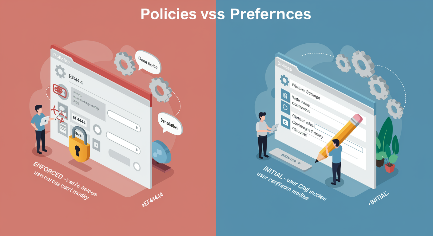 Policies vs Preferences, Enforced vs Initial, illustrated TLDR