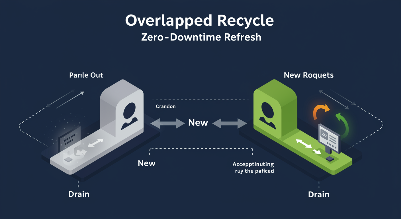 Overlapped Recycle: old worker drains in-flight requests while new worker accepts incoming traffic, zero-downtime refresh, illustrated TLDR