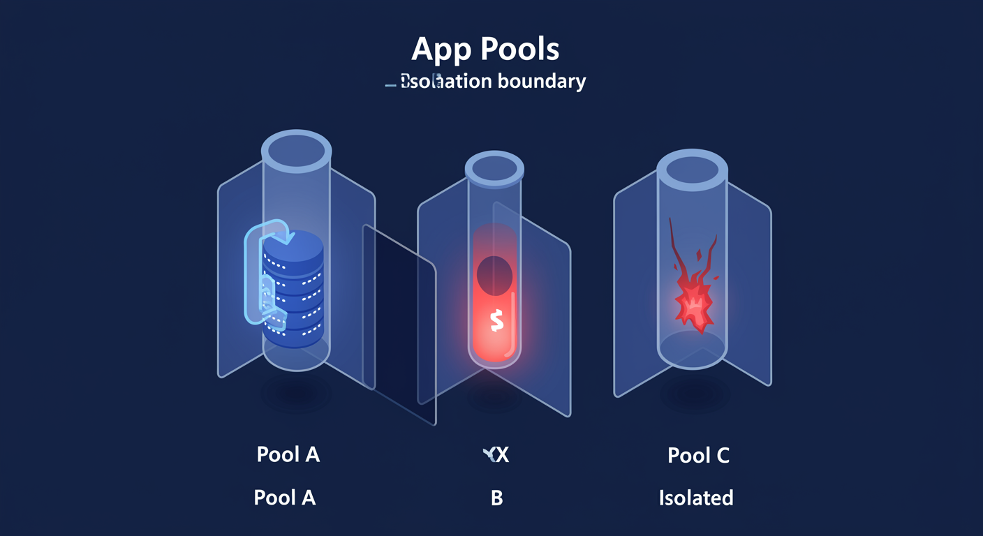 Application Pools: three parallel tubes representing isolated worker processes, crash in one does not affect the others, illustrated TLDR