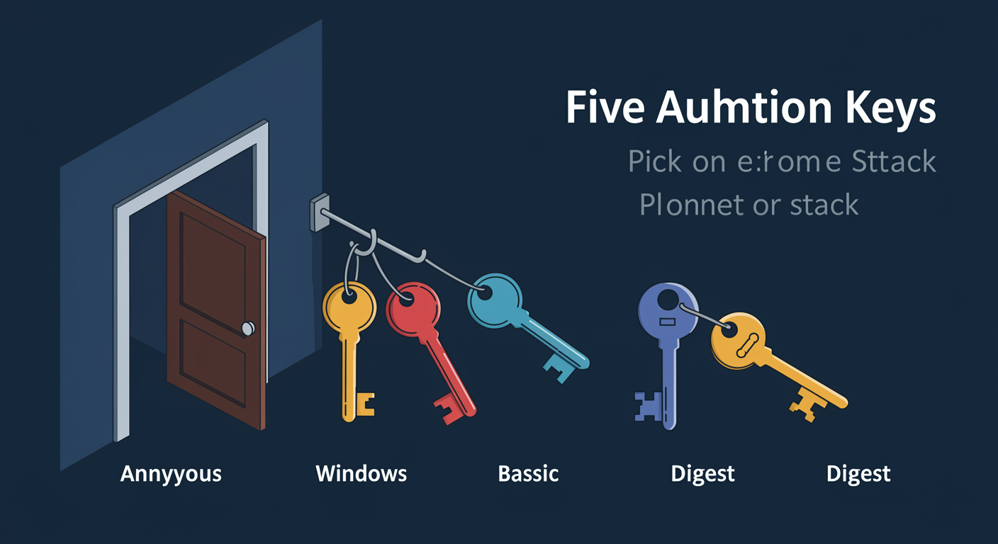 Five auth methods as five keys hanging beside one door: Anonymous, Windows, Basic, Forms, Digest, stackable, illustrated TLDR