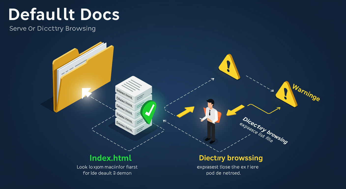 Default Documents: ordered search through filename list; Directory Browsing only triggers when no default is found; risks of accidental enumeration, illustrated TLDR