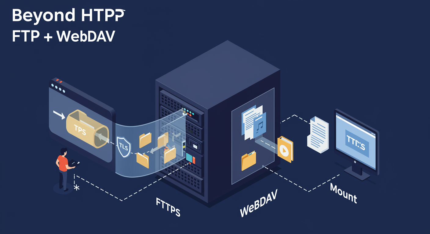 FTP and WebDAV as side doors on the IIS web server: FTPS over TLS, WebDAV mountable as network drive, illustrated TLDR