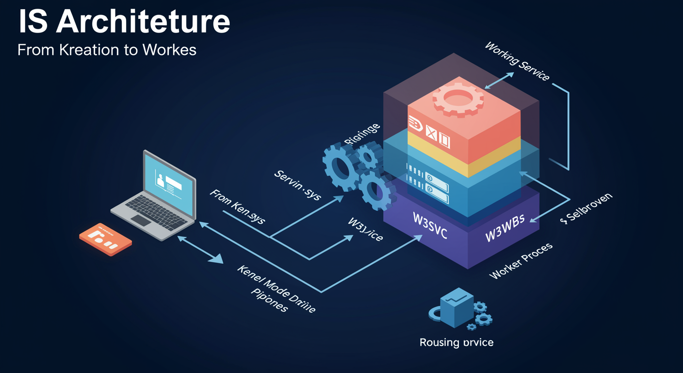 IIS Architecture: HTTP.sys kernel-mode listener queues requests, WAS reads applicationHost.config and starts the matching app pool's worker, W3SVC routes through HTTP.sys, w3wp loads the module pipeline and serves the response, illustrated TLDR
