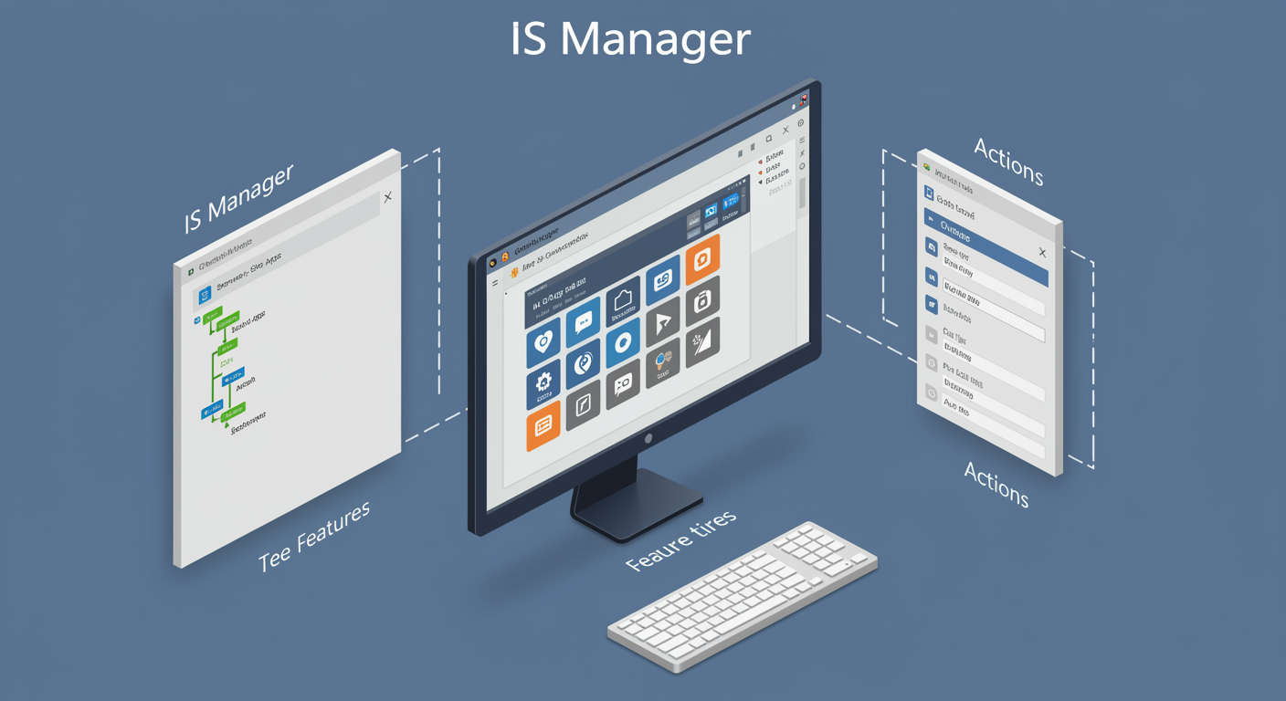 IIS Manager three-pane layout: tree, features, actions, illustrated TLDR