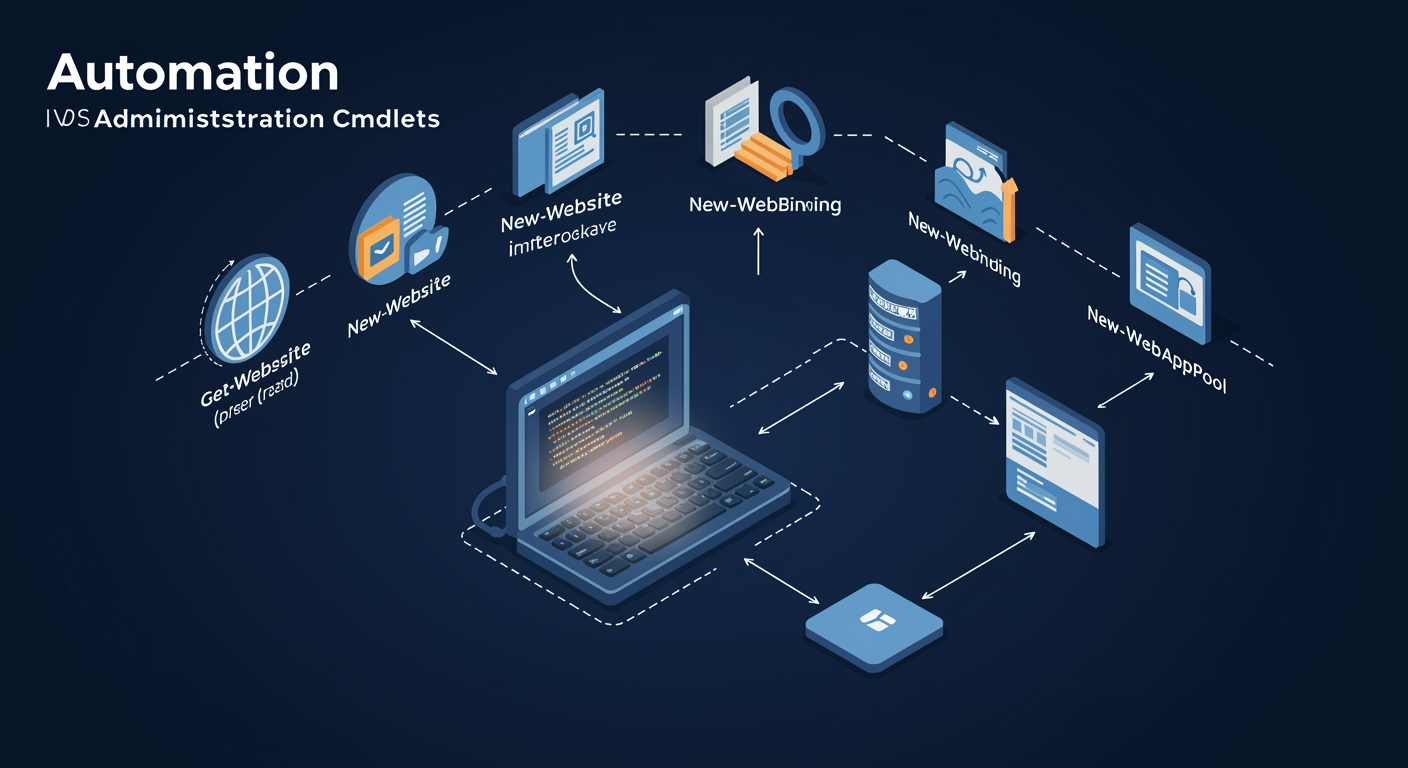 IIS PowerShell Module: terminal driving Get-Website / New-Website / New-WebBinding into a remote IIS server, automation flow, illustrated TLDR
