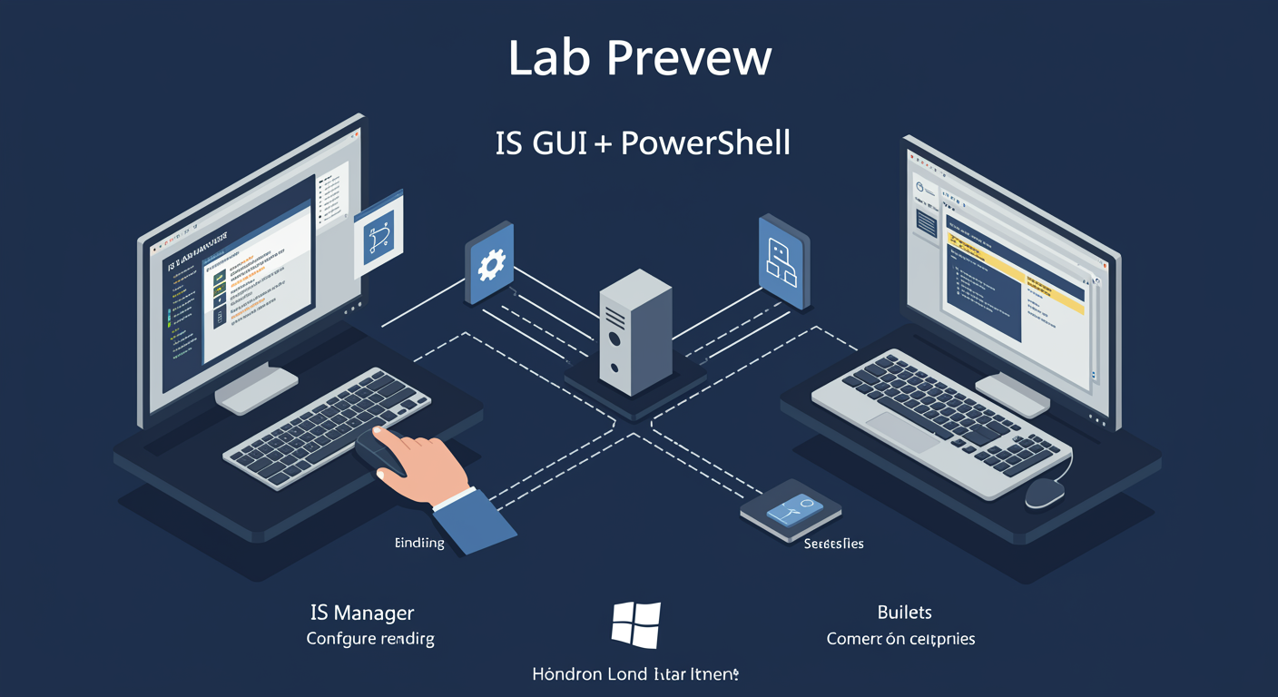 IIS Lab Preview: GUI workstation on left, PowerShell workstation on right, both connected to one IIS server, illustrated TLDR