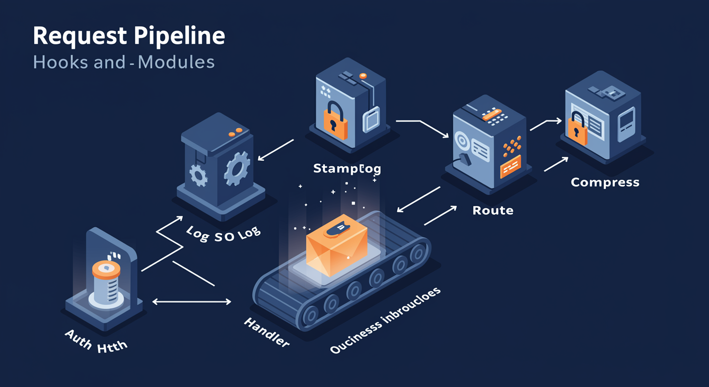 Request pipeline as conveyor belt: request passes through ordered module stations (auth, log, cache, compress, handler), each station may modify or terminate, illustrated TLDR