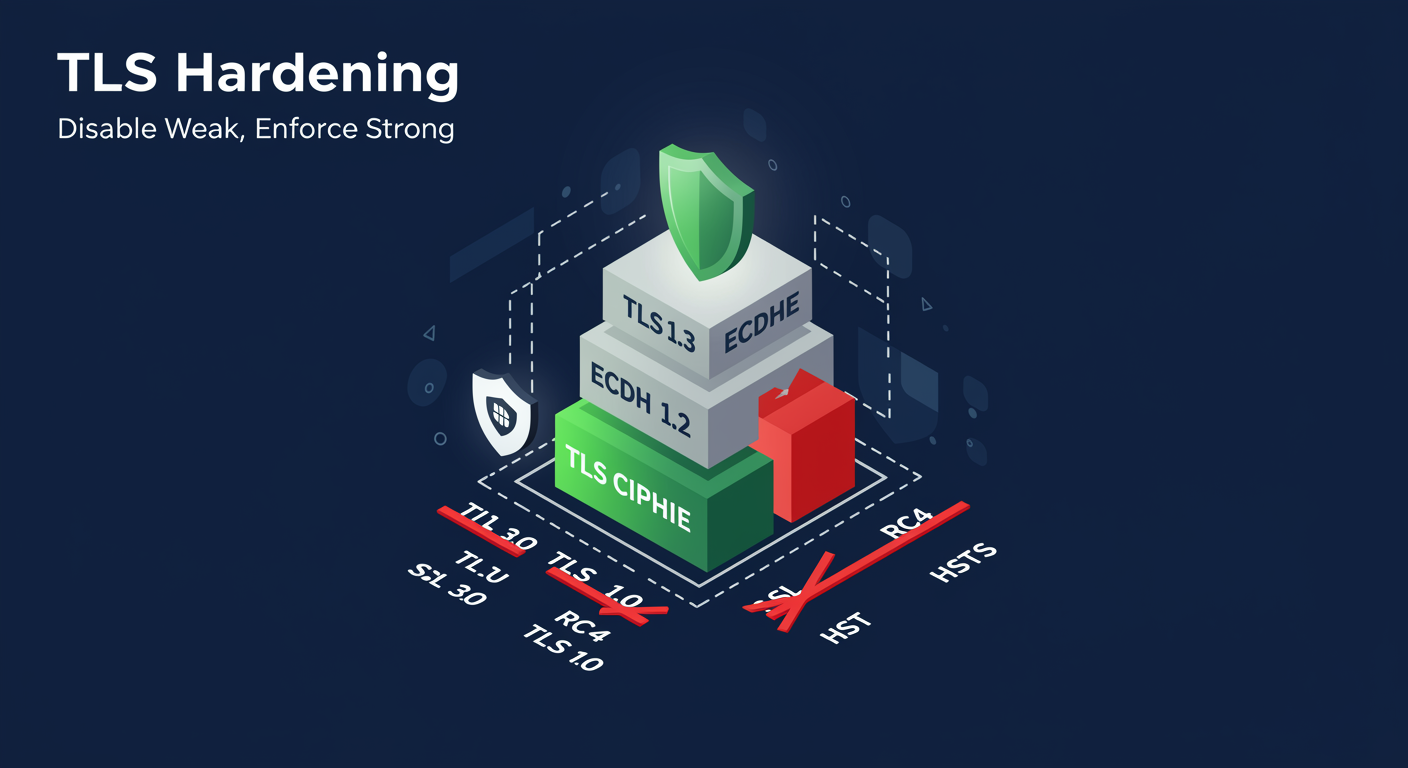 TLS Hardening: TLS 1.3 and 1.2 enabled, SSL 3.0 and TLS 1.0/1.1 disabled, ECDHE preferred, HSTS at the binding, illustrated TLDR