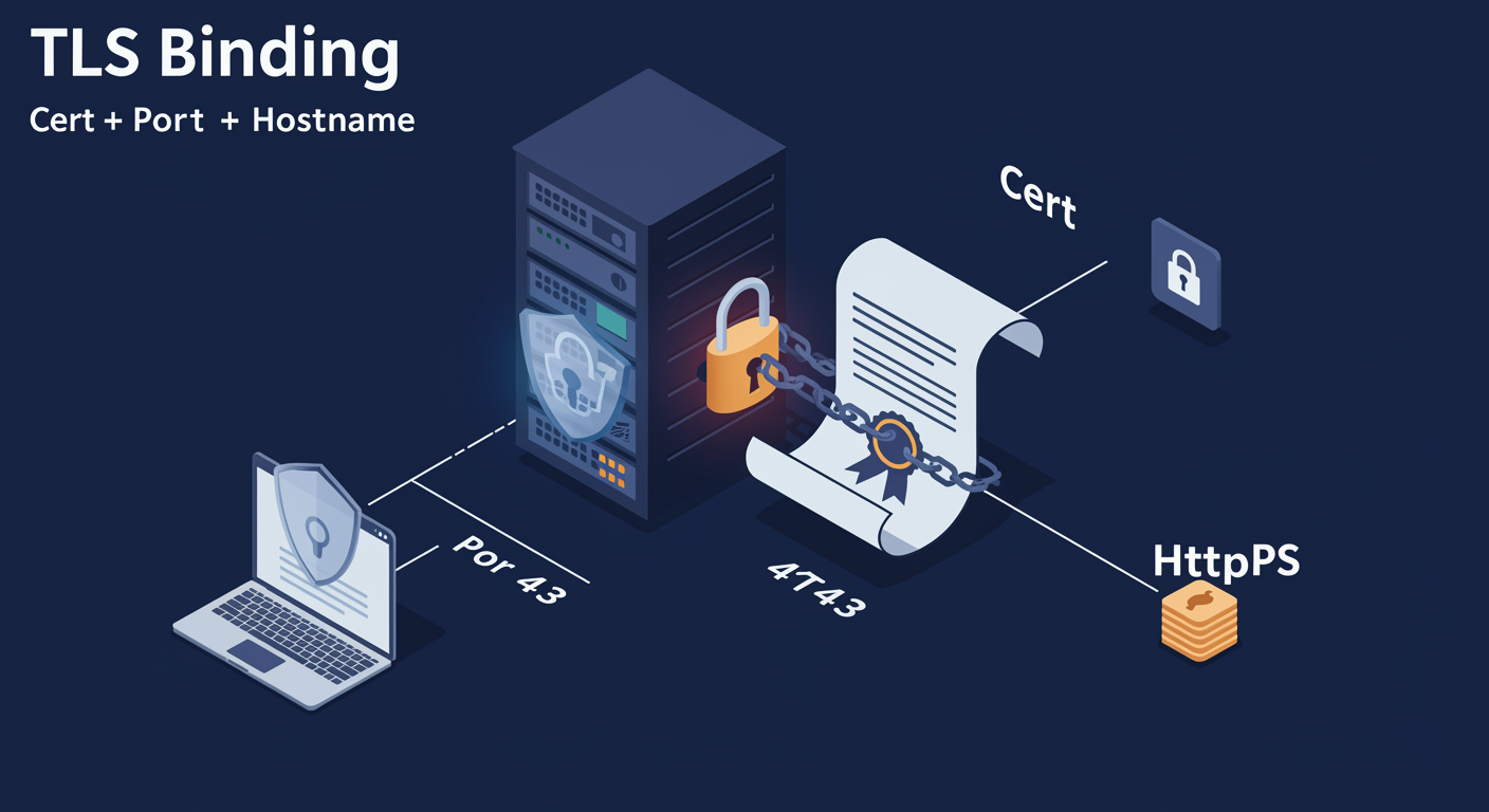 TLS binding: certificate in computer store, bound to port 443 with SNI, encrypted tunnel to client, illustrated TLDR