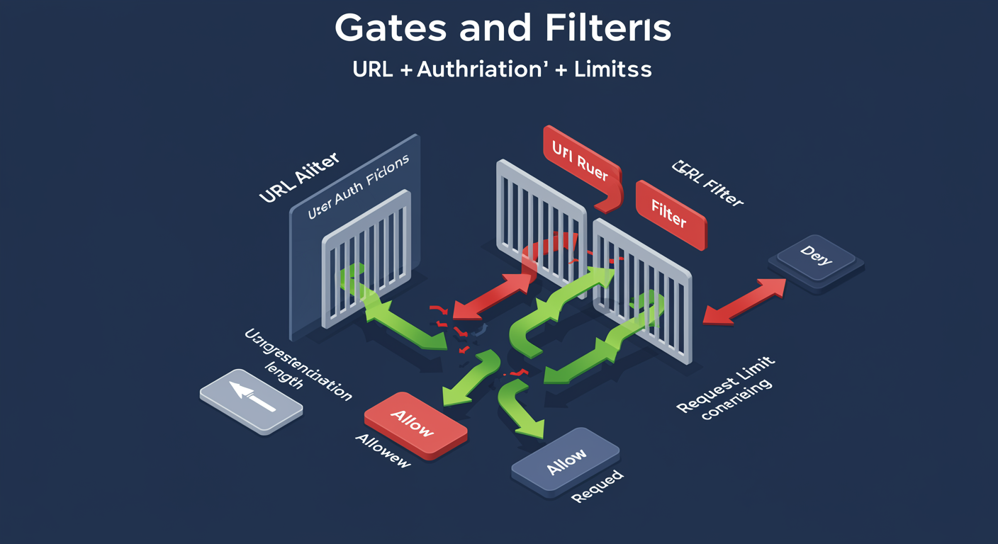 Multi-stage filter gates: request filtering before auth, URL authorization after auth, allow/deny per stage, illustrated TLDR