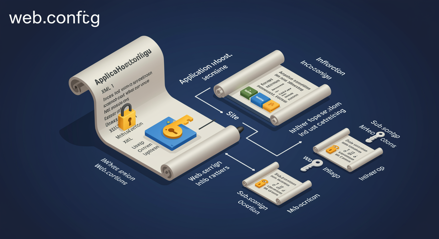 web.config cascade: applicationHost.config at top, site root web.config below, per-folder web.config below that, with lock control at the top, illustrated TLDR