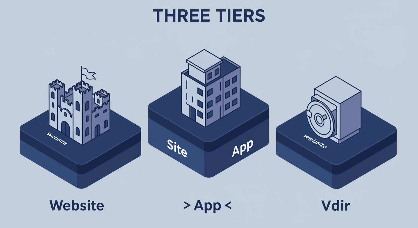 Three-tier hierarchy: Site as outer container, Web Application nested inside with its own app pool boundary, Virtual Directory as a folder alias inside an app, illustrated TLDR