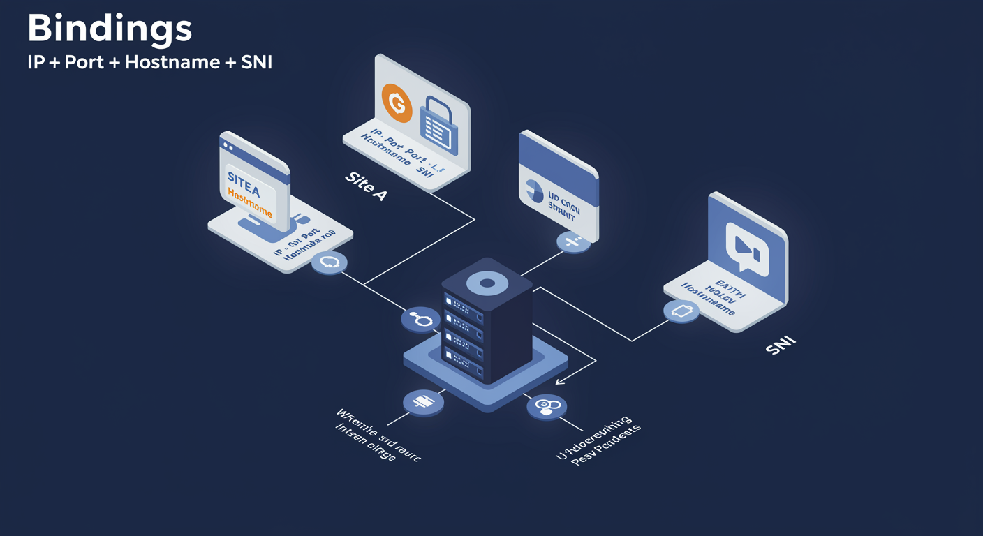 Bindings: IP + port + hostname triple, three sites sharing one IP via host header, with SNI enabling multi-cert HTTPS, illustrated TLDR