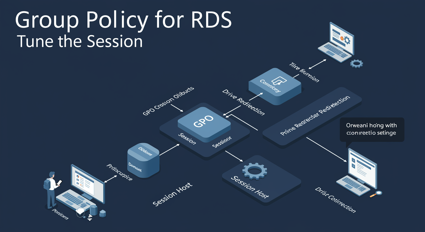 Group Policy for RDS: GPO cascading from domain to Session Host, carrying session-limit, redirection, and licensing settings, illustrated TLDR