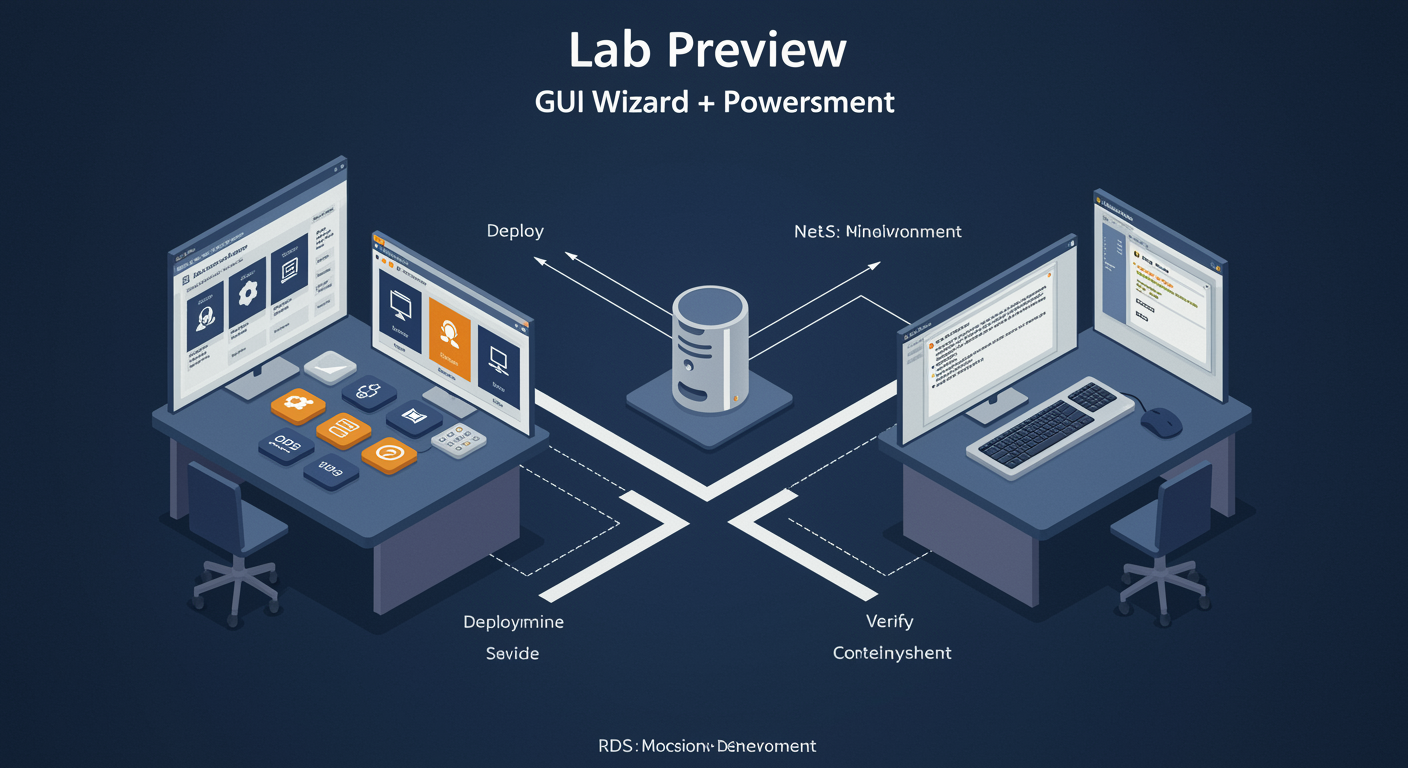 RDS Lab Preview: Server Manager wizard on left, PowerShell terminal on right, both deploying the same RDS environment, illustrated TLDR