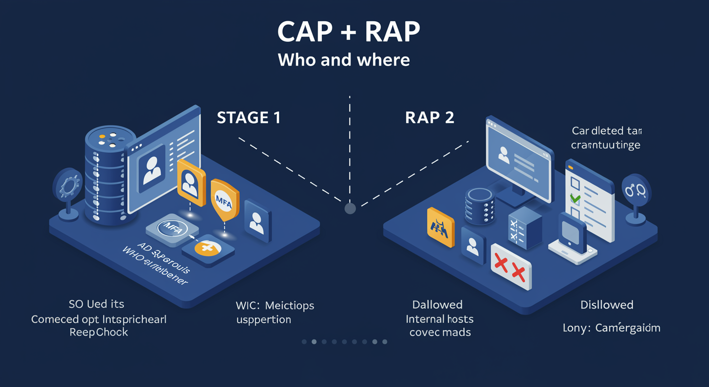CAP and RAP deep dive: two-stage filter, CAP gates on user identity and auth, RAP gates on target host, allow only when both pass, illustrated TLDR