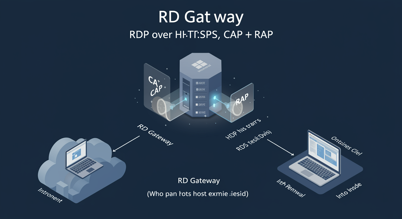 RD Gateway: external client tunnels RDP over HTTPS through Gateway, CAP and RAP checks gate the connection before it reaches the internal Session Host, illustrated TLDR
