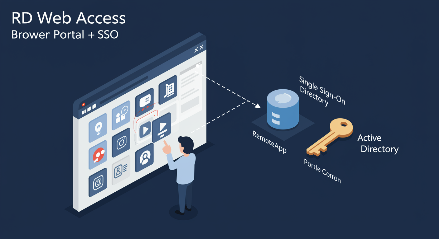 RD Web Access: browser portal with RemoteApp tiles, SSO key connecting to AD, launches sessions, illustrated TLDR