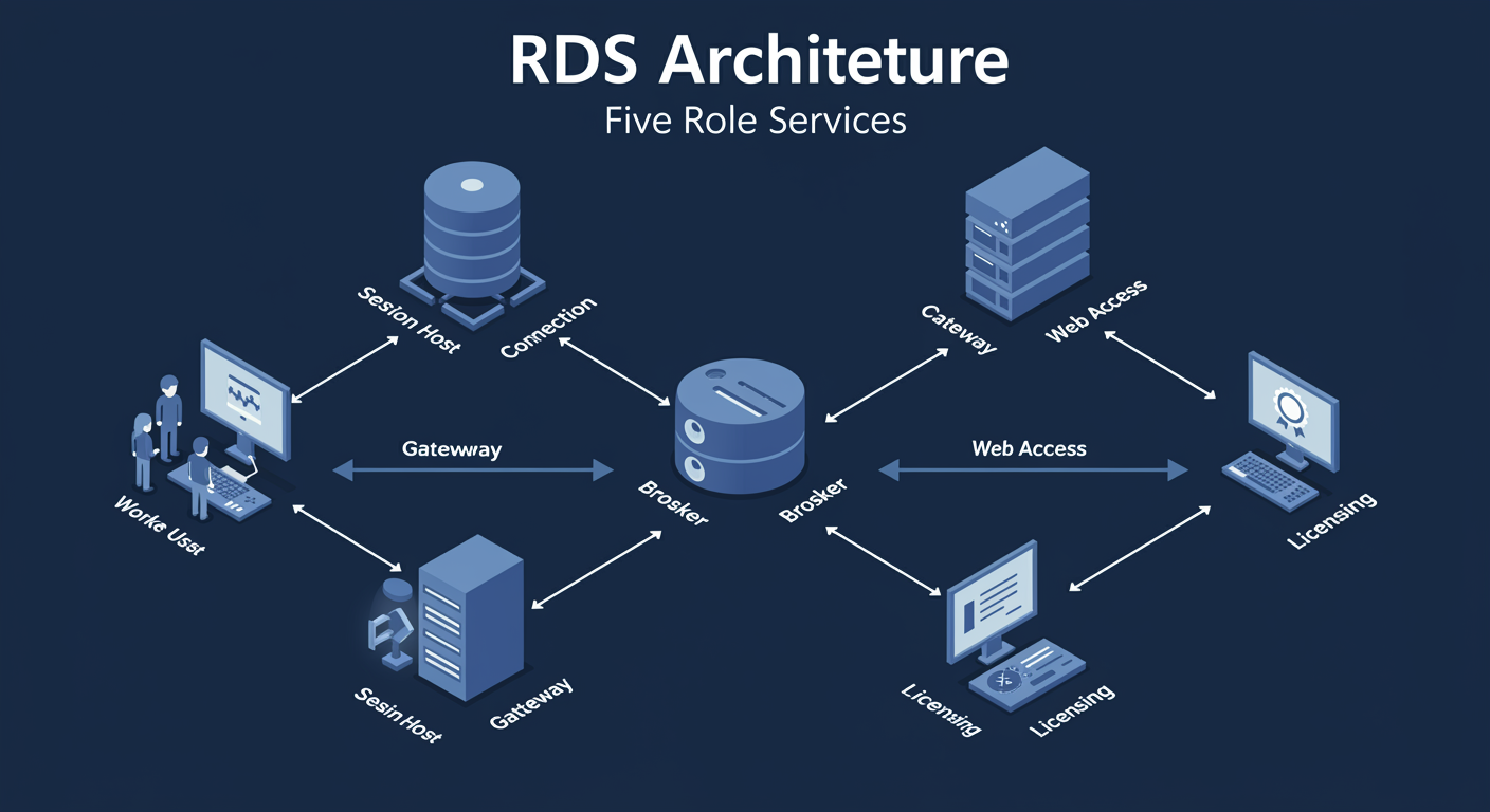 RDS Architecture: five role services (Session Host, Broker, Gateway, Web Access, Licensing) with a client connection flowing through Gateway then Broker into a Session Host, illustrated TLDR