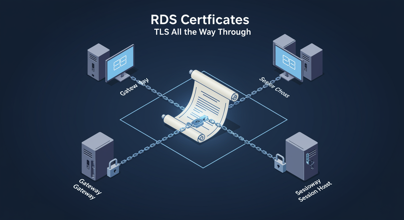 RDS Certificates: one cert bound across Gateway, Web Access, Broker, Session Host roles to deliver TLS end-to-end, illustrated TLDR