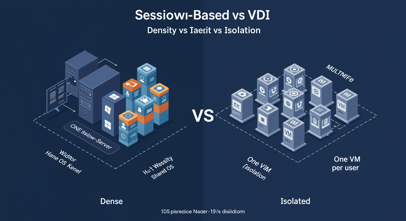 Session-Based vs VDI: one shared Windows Server kernel with many sessions on the left, multiple per-user VMs on the right, density vs isolation tradeoff, illustrated TLDR