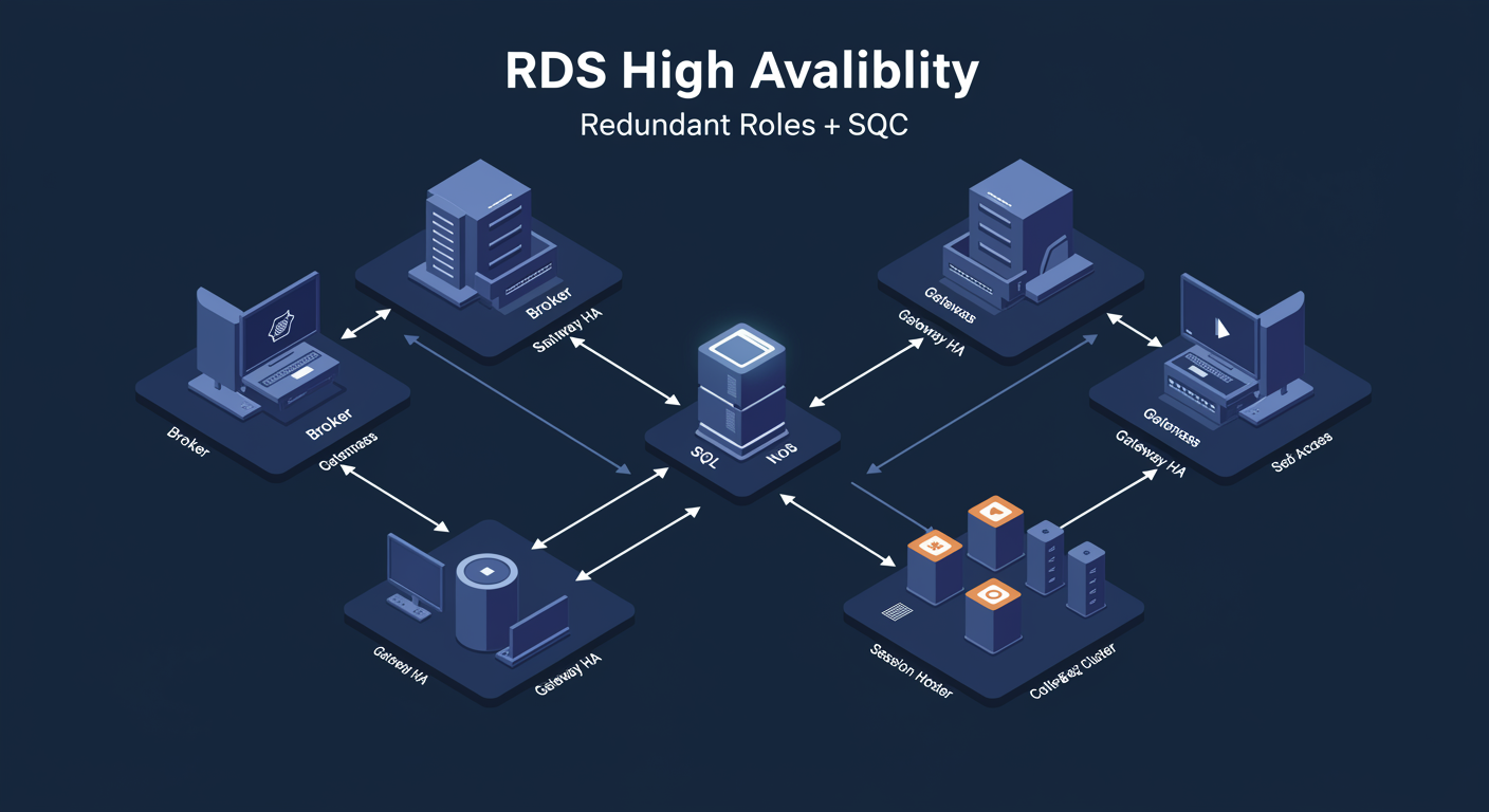RDS HA: redundant pairs of Broker, Gateway, Web Access, behind load balancers, shared SQL backend, illustrated TLDR